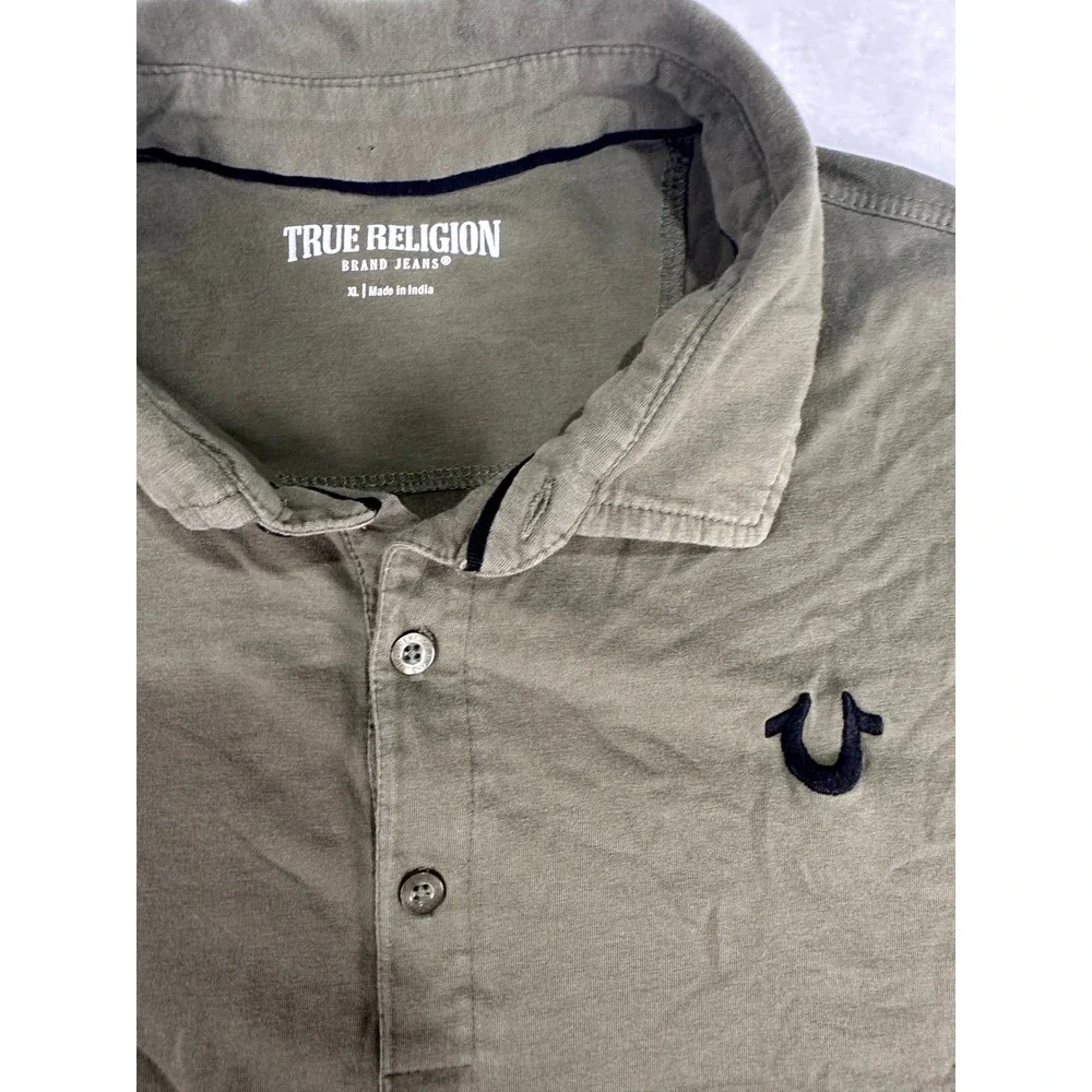 True Religion Polo Shirt XL Olive Green Horseshoe Logo Short Sleeve Mens